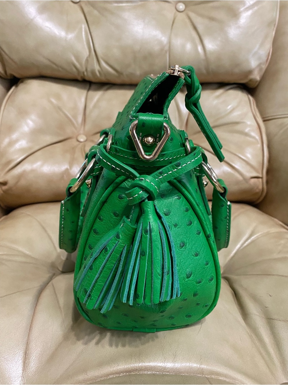 NEW Dooney & Bourke Kelly Green Pocket Satchel Ostrich Embossed Leather Tassel - Picture 4 of 15